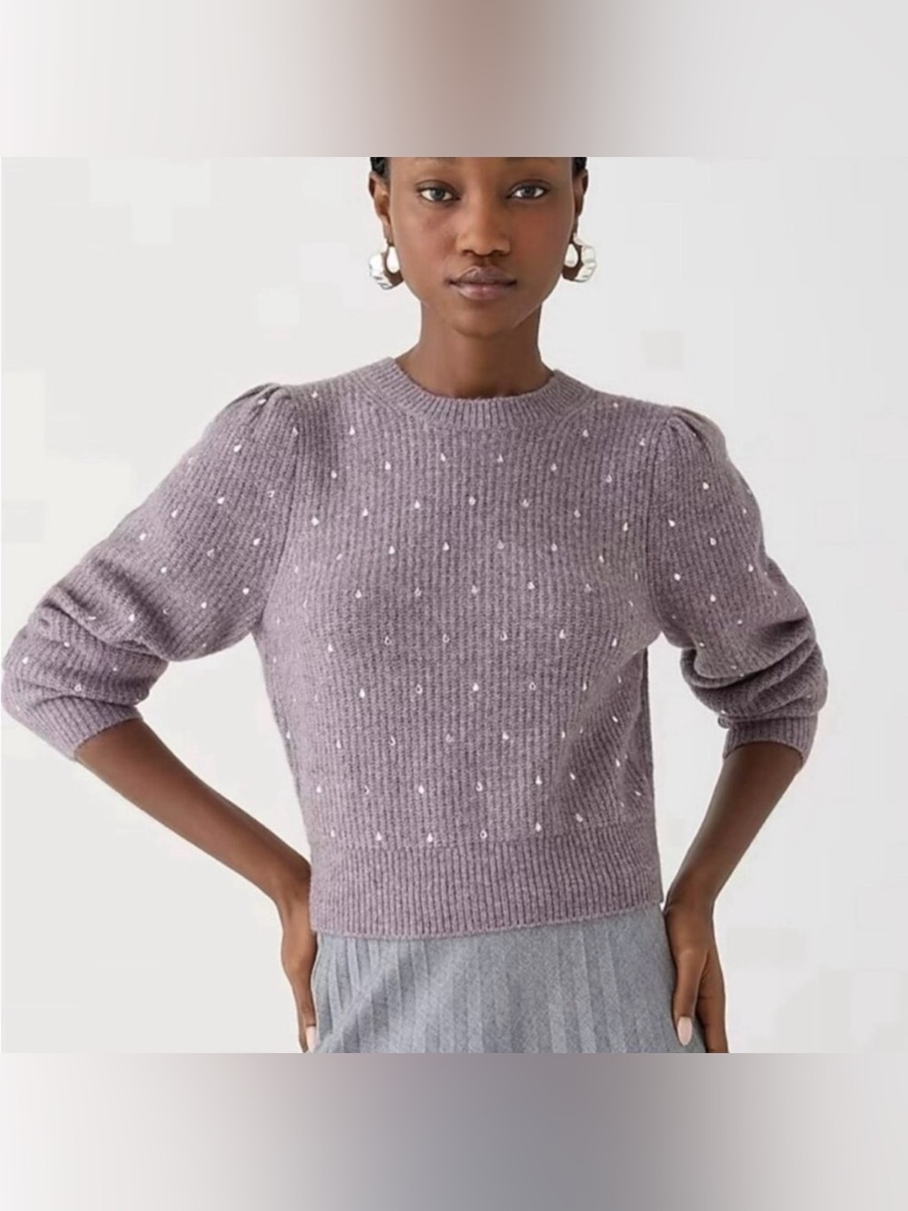 J Crew Lavender Puff-Sleeve Rhinestone Sweater
